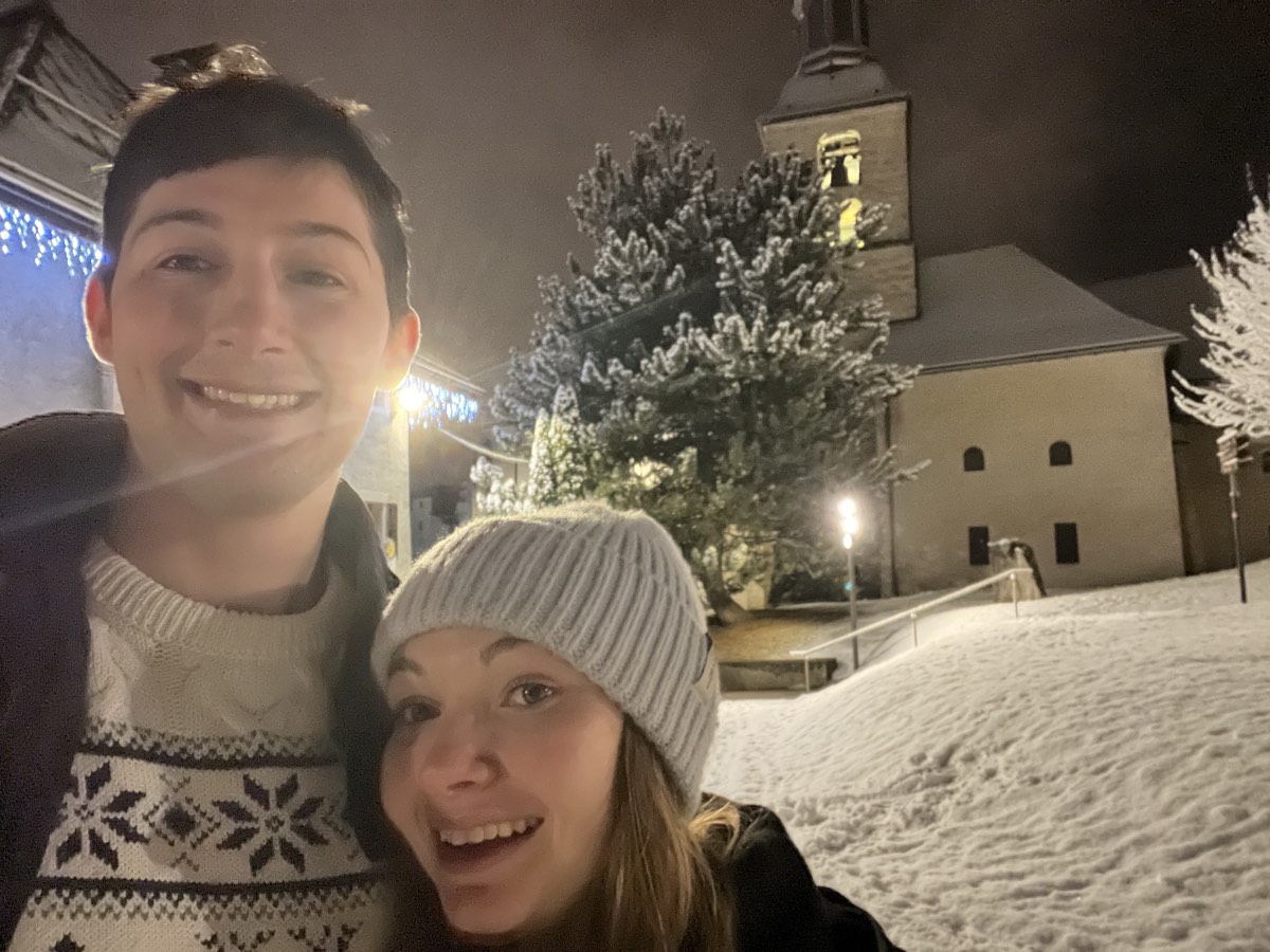 Snowy village evening